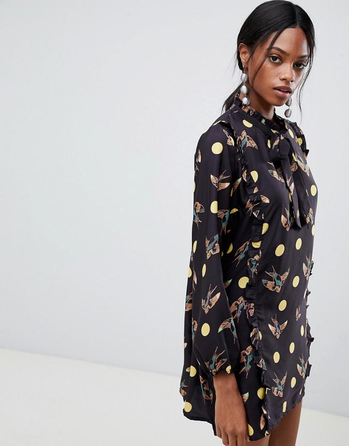 Liquorish Bird And Polka Dot Shift Dress - Black