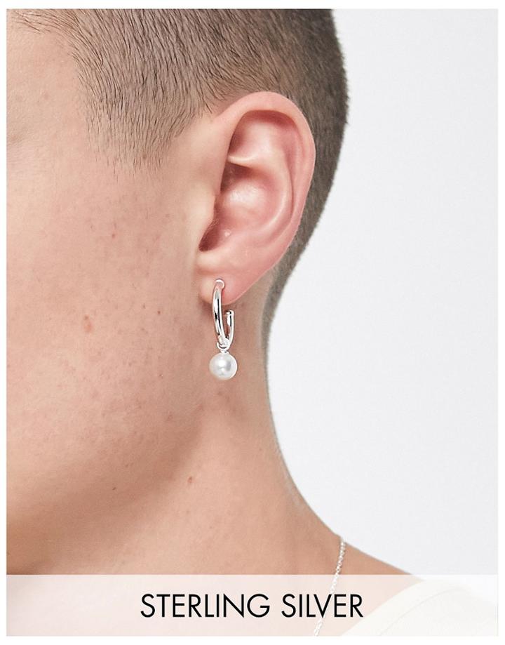 Asos Design Sterling Silver Festival Hoop Earrings With Dropped Faux Pearl