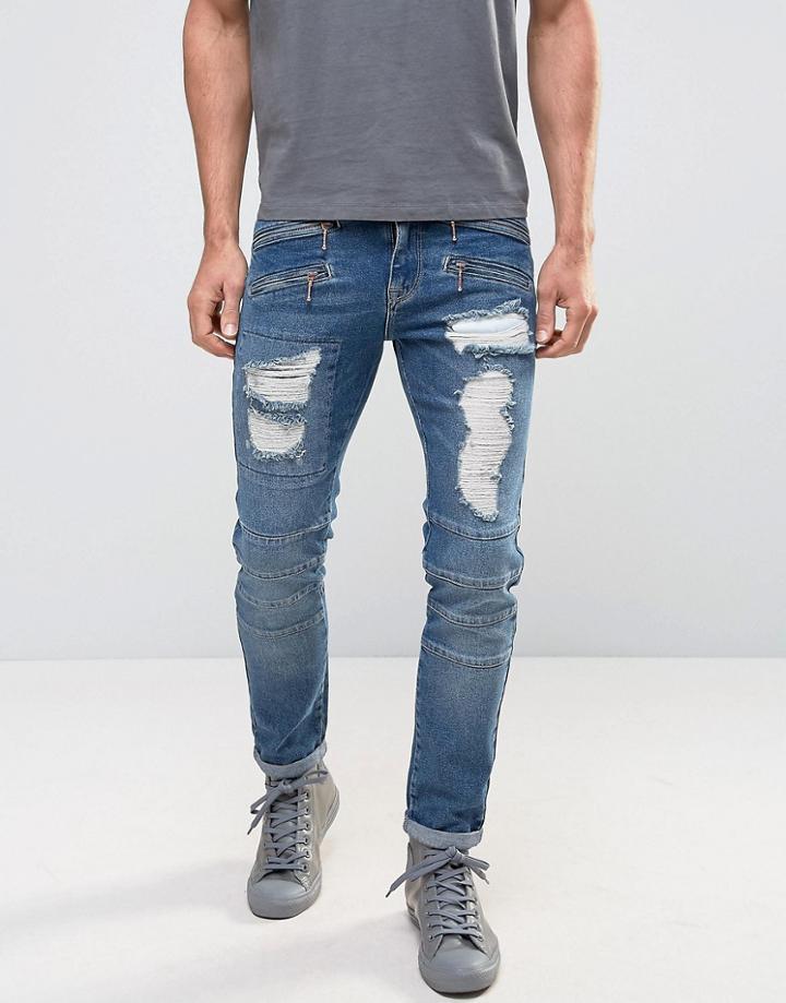 Asos Skinny Jeans In Biker Style With Rips Mid Blue - Blue