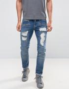 Asos Skinny Jeans In Biker Style With Rips Mid Blue - Blue