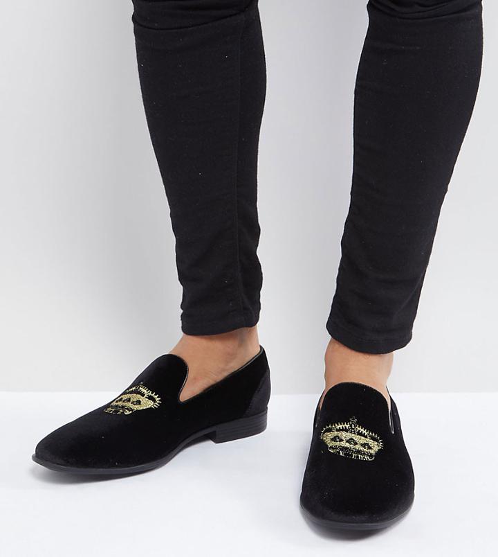 Asos Design Wide Fit Vegan Friendly Loafers In Black Velvet With Crown Embroidery - Black