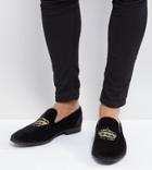 Asos Design Wide Fit Vegan Friendly Loafers In Black Velvet With Crown Embroidery - Black