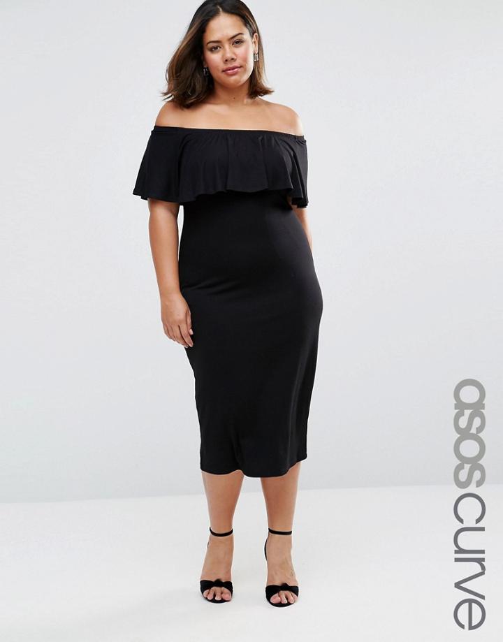 Asos Curve Ruffle Off Shoulder Bardot Pencil Midi Dress - Black