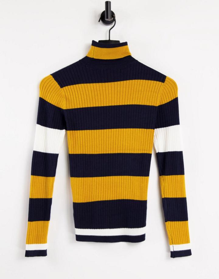 Only Karol Long Sleeve Roll Neck Pullover In Navy And Mustard Stripe