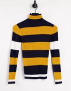 Only Karol Long Sleeve Roll Neck Pullover In Navy And Mustard Stripe