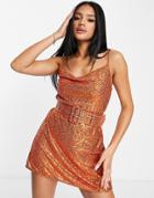 Asos Design Sequin Embellished Cami Mini Dress With Belt-orange