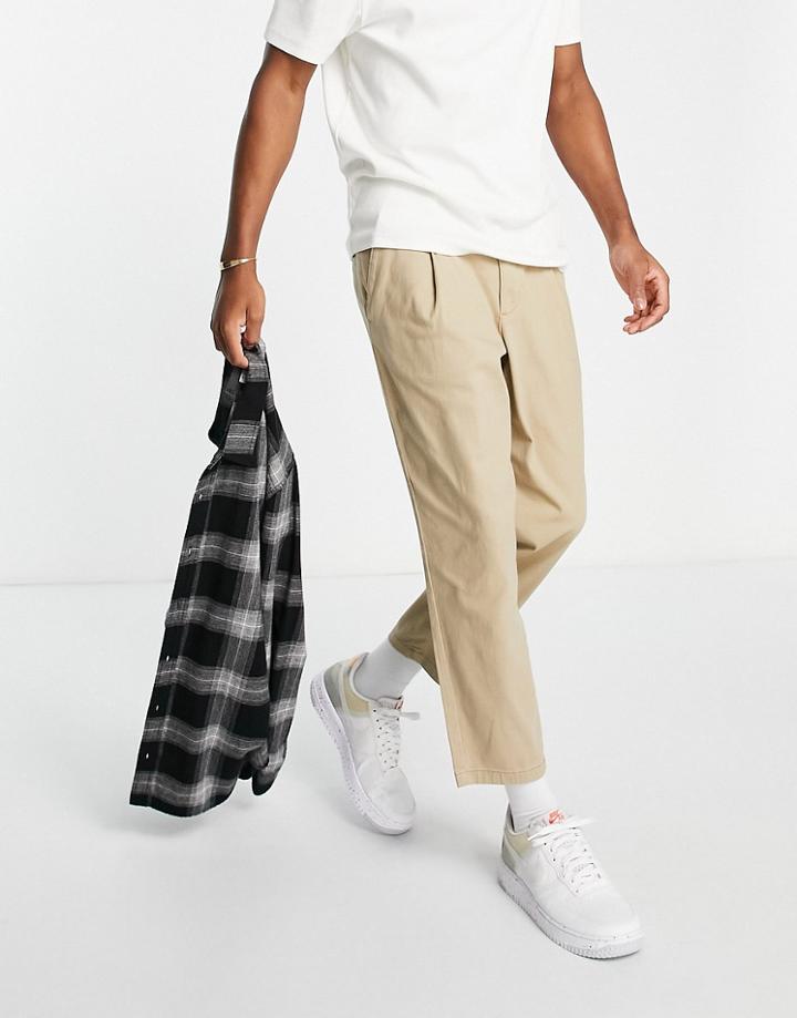 Jack & Jones Intelligence Wide Cropped Leg Chinos With Pleat In Crockery-neutral