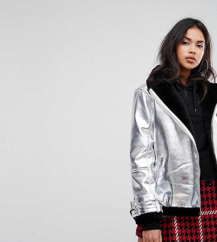 Missguided Premium Metallic Aviator Jacket - Silver