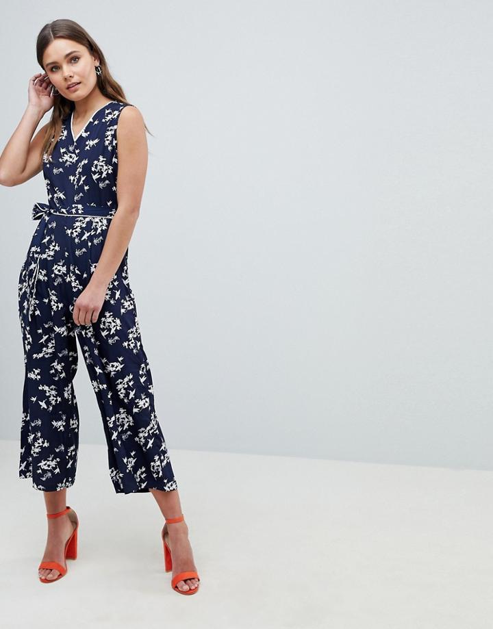 Yumi Valentine Bird Print Jumpsuit With Tie Belt - Navy