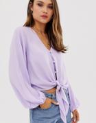 Asos Design Long Sleeve Button Front Top With Tie Detail-purple