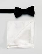 Devils Advocate Black Velvet Bow Tie And White Pocket Sqaure - Black