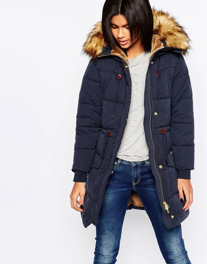 Pepe Jeans Garland Parka With Faux Fur Hood - Navy