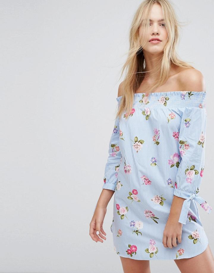 New Look Floral Printed Stripe Bardot Dress - Blue