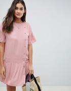 Asos Design Button Through Pephem Mini Dress With Buttons - Pink