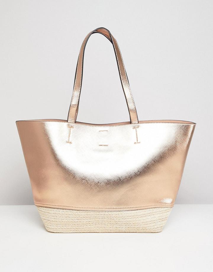 New Look Rose Gold & Straw Beach Bag - Gold