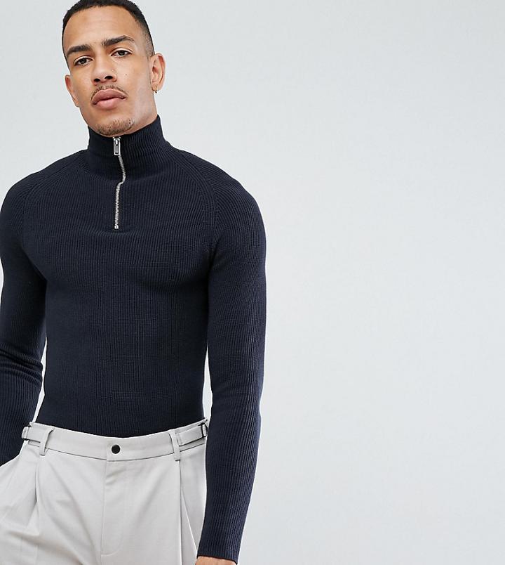 Selected Homme Tall 1/4 Zip Knitted Sweater In 100% Cotton - Navy