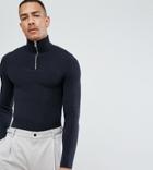 Selected Homme Tall 1/4 Zip Knitted Sweater In 100% Cotton - Navy