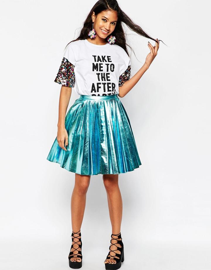 Asos Pleated Mini Skirt In Metallic Pu - Turquoise