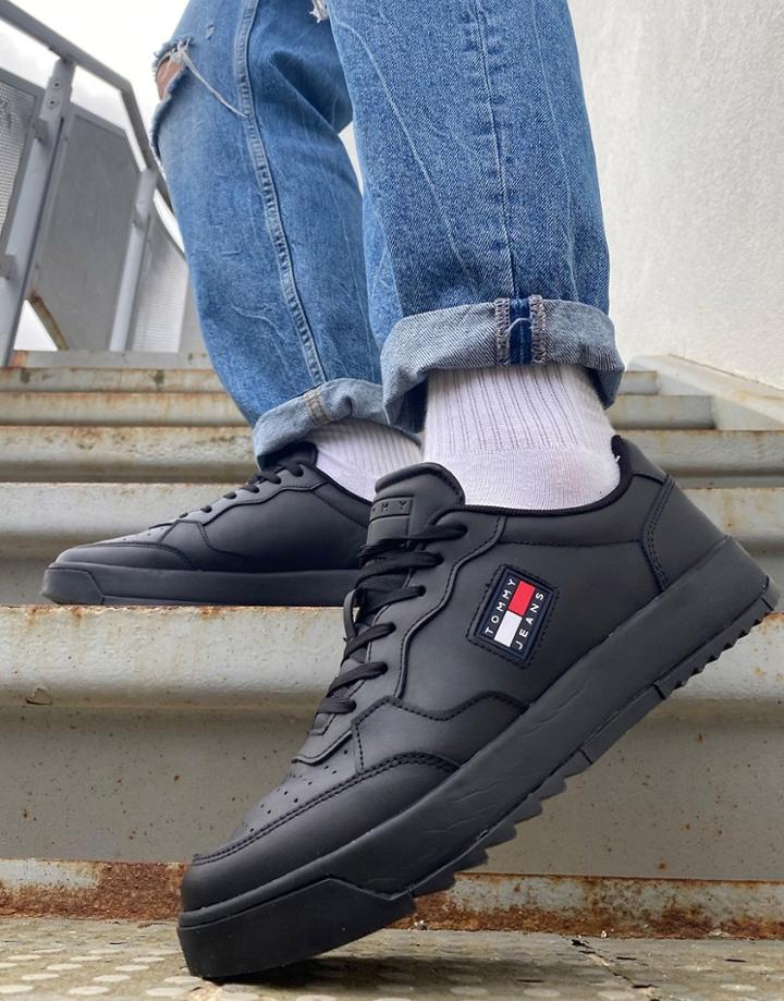 Tommy Jeans Basket Leather Sneakers In Black