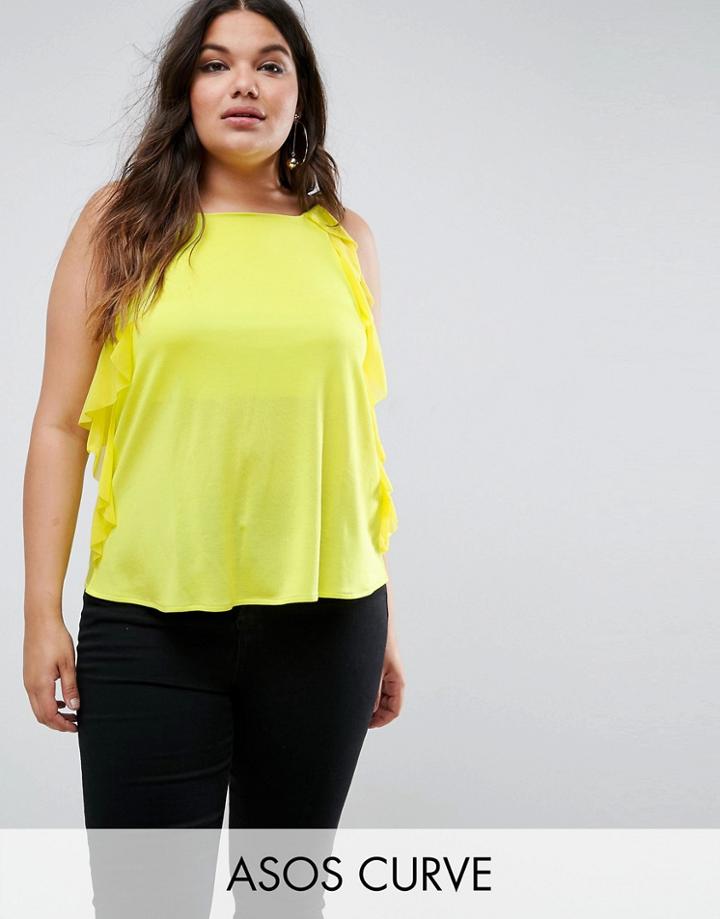 Asos Curve Square Neck Cami In Crepe With Woven Ruffle Detail - Yellow