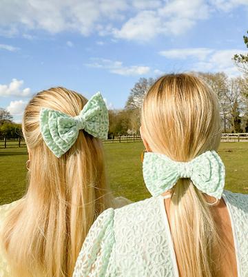 Labelrail X Olivia & Alice Hair Bow In Mint Embroidered Mesh-green