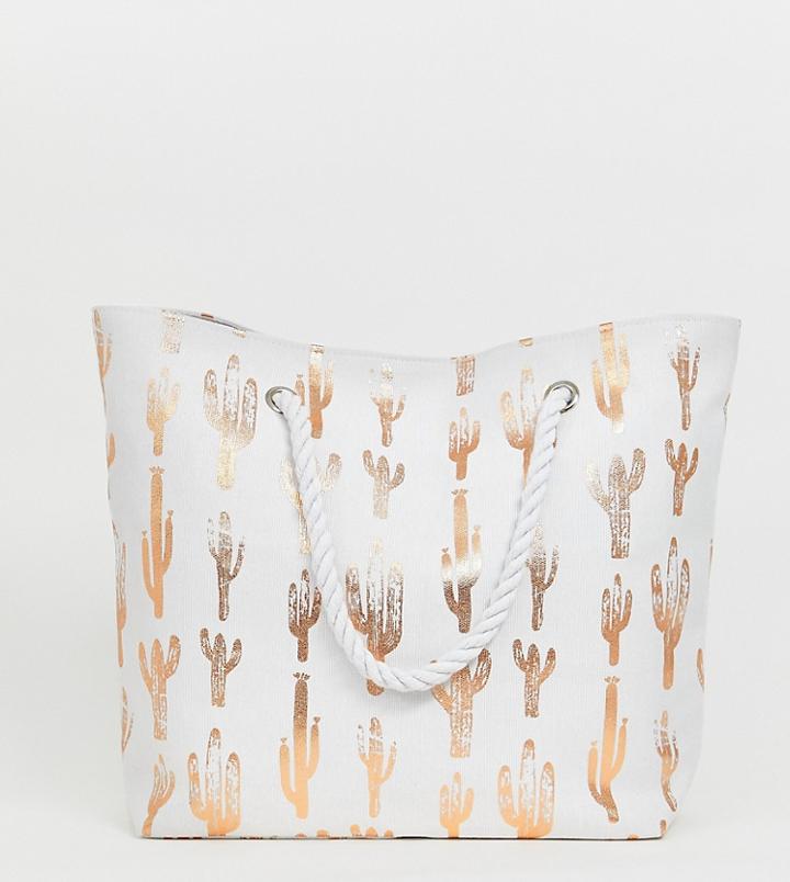 South Beach Exclusive Rose Gold Cactus Print Beach Bag - White