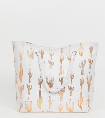 South Beach Exclusive Rose Gold Cactus Print Beach Bag - White