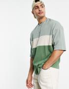 Asos Design Oversized Waffle T-shirt In Green & Beige Color Block