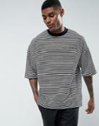 Asos Oversized T-shirt In Velour Stripe With Text Embroidery - Navy