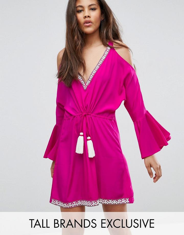 White Cove Tall Embellished Cold Shoulder Romper Dress With Peplum Hem Detail - Pink