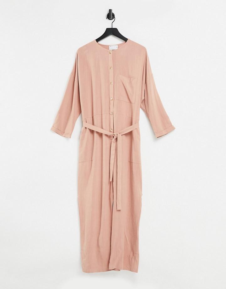 Asos Design Slouchy Button Front Tie Waist Jumpsuit In Linen-pink