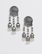 Asos Design Earrings With Etched Disc And Bead Drops In Antique Silver Tone - Silver