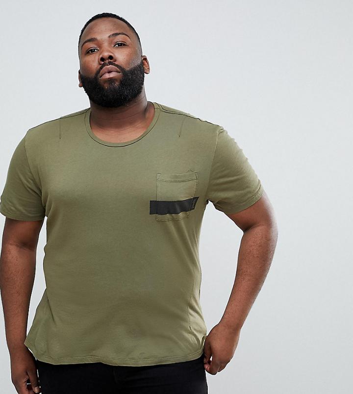 Religion Plus T-shirt In Khaki With Stripe Pocket And Stepped Hem-green