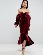 Asos Premium Velvet Bardot Bodycon Pephem Midi Dress - Red