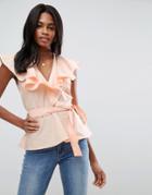 Asos Cotton Blouse With Ruffle Front & Tie Waist - Pink