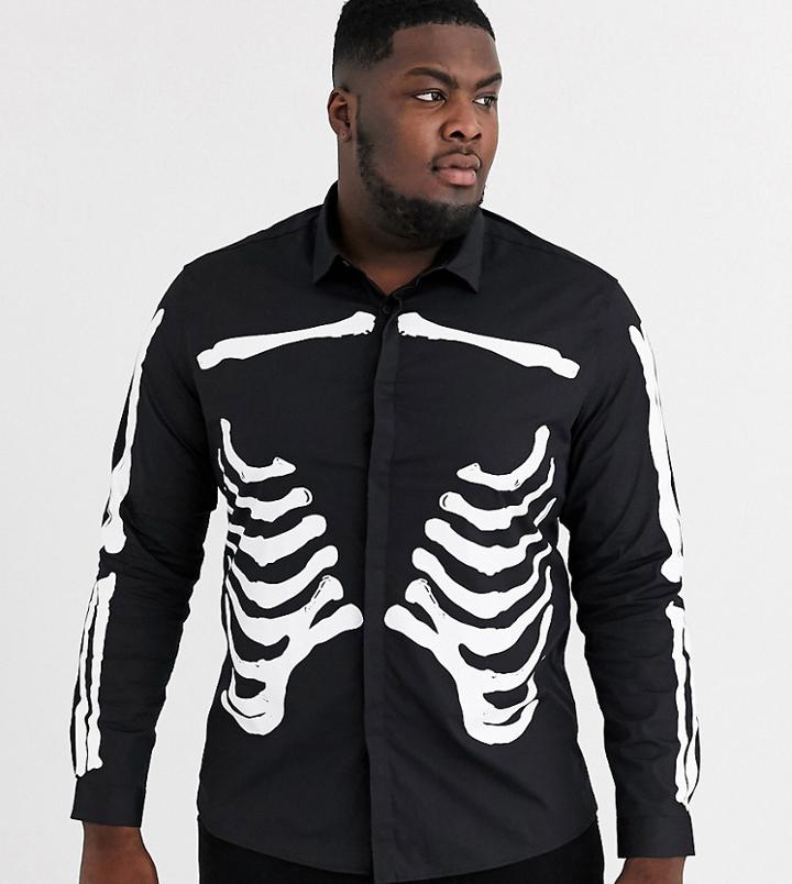 Asos Design Plus Halloween Skinny Skeleton Rib Cage Printed Shirt In Black