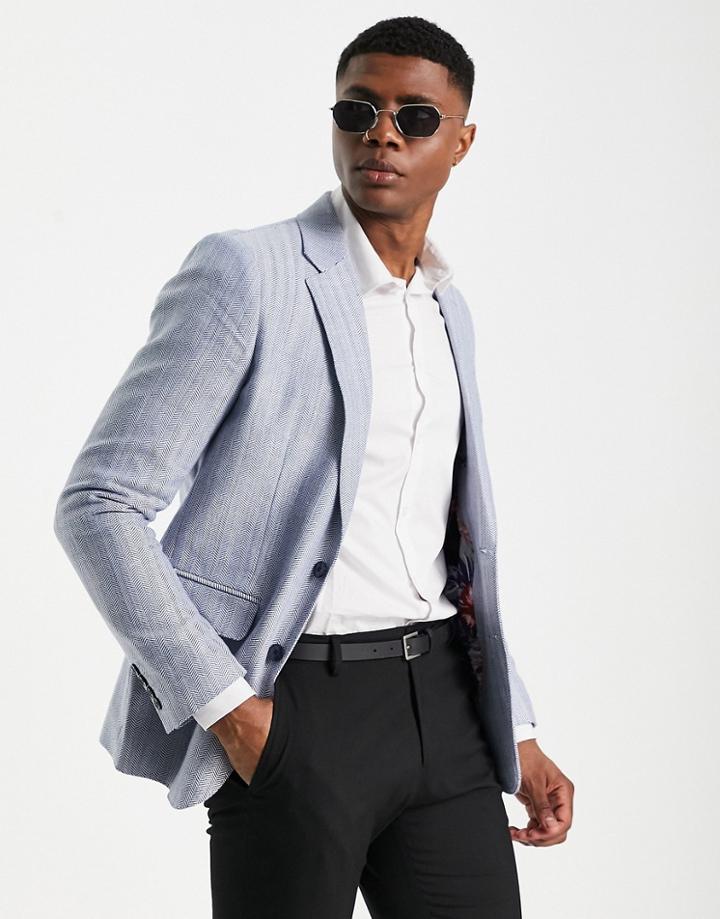 Gianni Feraud Herringbone Blazer In Blue And White-black
