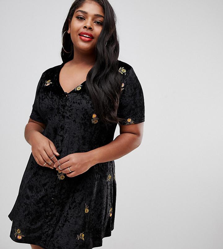 Asos Design Curve Embroidered Velvet Button Through Tea Dress-black