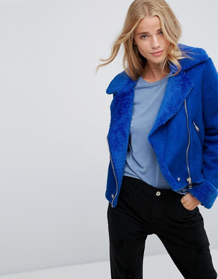 Bershka Suedette Biker Jacket - Blue