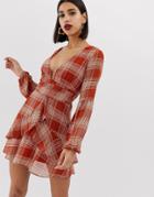 Prettylittlething Plunge Dress In Rust Check - Red