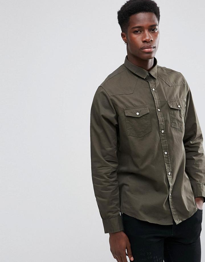 Brave Soul Double Pocket Long Sleeve Shirt - Green