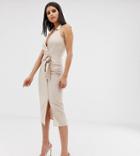 Asos Design Tall Halter Neck Midi Dress In Linen With Buckle-beige