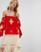 Rd & Koko Bandeau Embroidered Top With Ruffle Sleeve Detail - Red