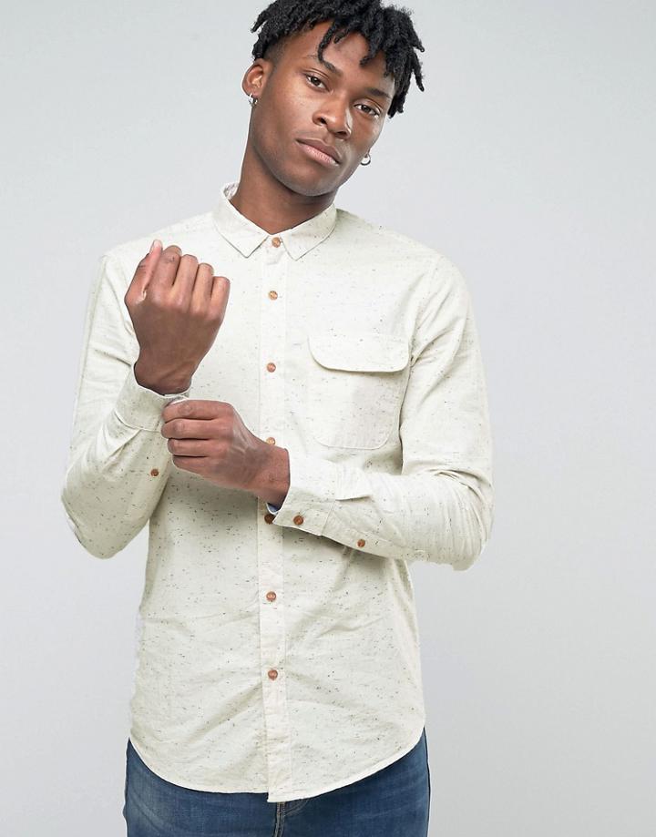 Pull & Bear Shirt With Blue Flecks In White Regular Fit - White