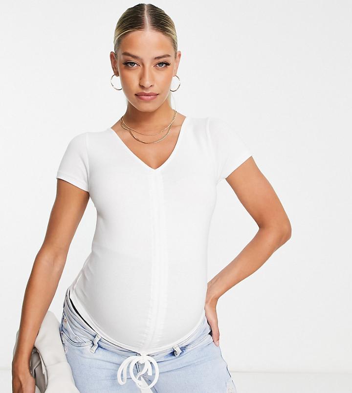 Asos Design Maternity Fitted Top With Ruched Front And Tie Detail In White