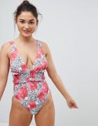 Asos Fuller Bust Mono Lace Rose Print Frill Waist Swimsuit - Multi
