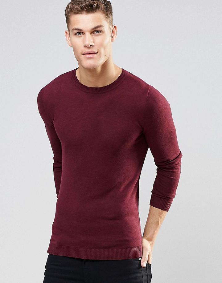 Asos Muscle Fit Crew Neck Sweater In Burgundy Cotton - Red