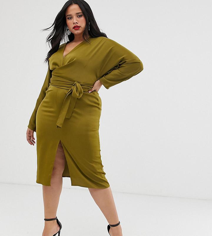 Asos Design Curve Midi Dress With Batwing Sleeve And Wrap Waist In Satin-green