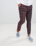 Asos Tapered Pants In Punk Check Print With Zips - Red