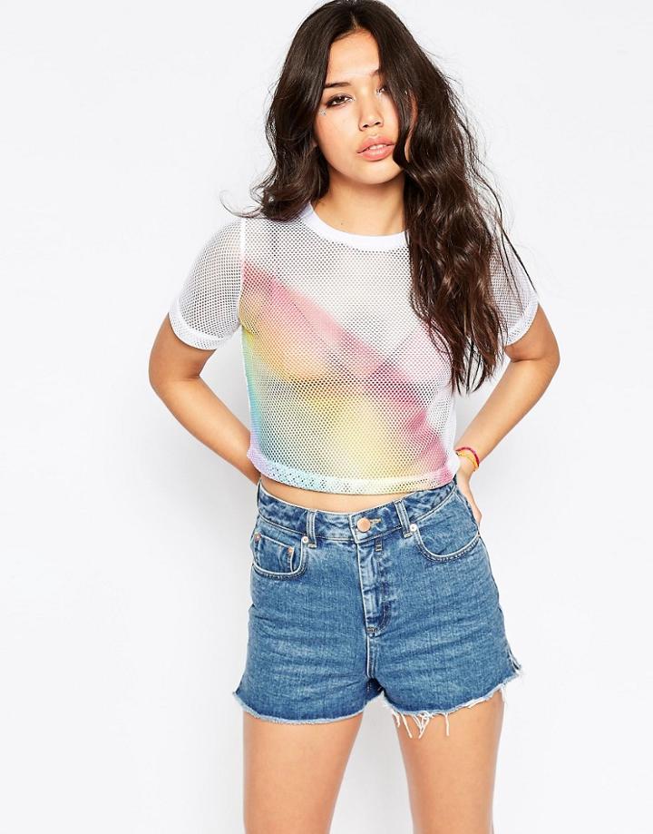 Asos Crop Top In Rainbow Print In Mesh - White